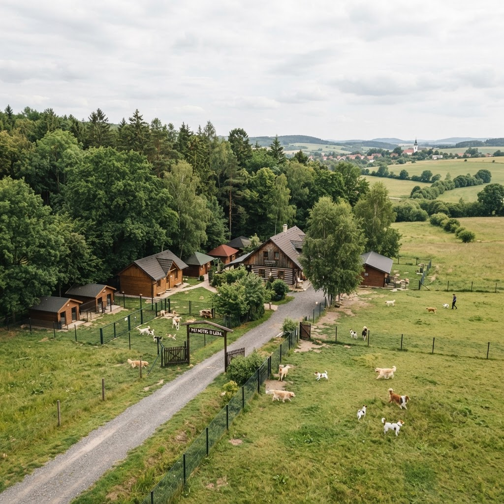 Venkovský areál psího hotelu mezi stromy