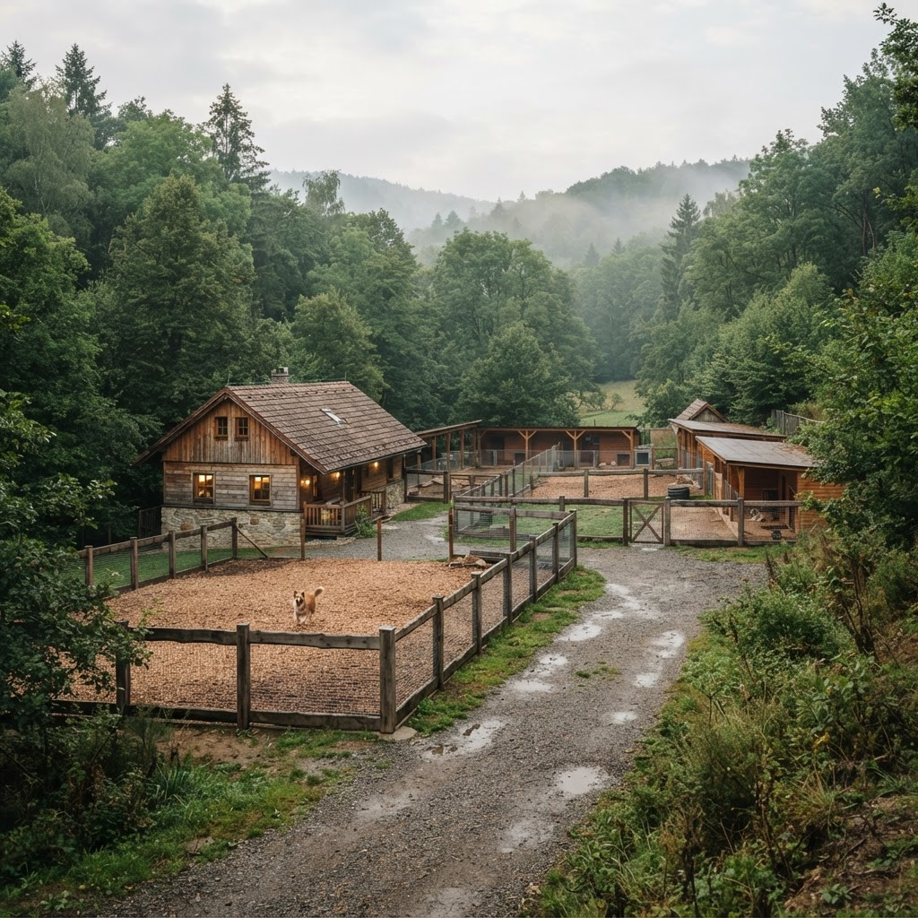 Přírodní oplocené zázemí psího hotelu mezi stromy